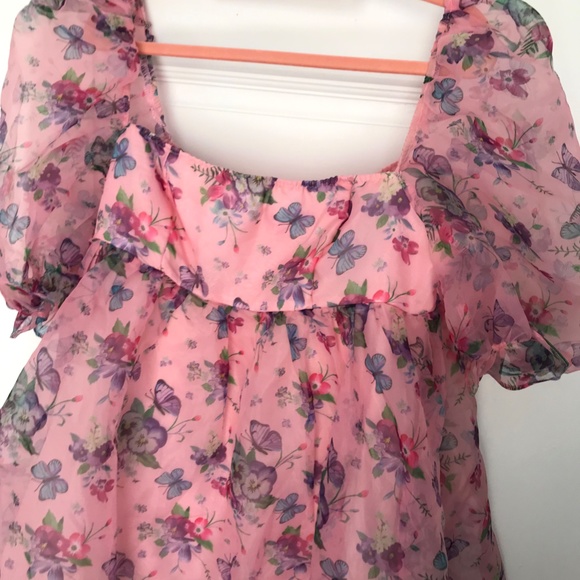 Square Neck Puff Sleeve Butterfly Floral Baby Doll Dress Live Your Barbie Dreams - Picture 3 of 7